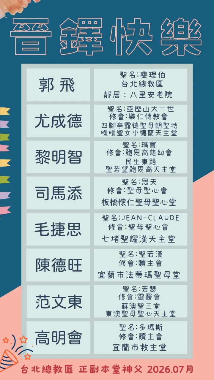 為我們敬愛的神職人員祈禱~7月份