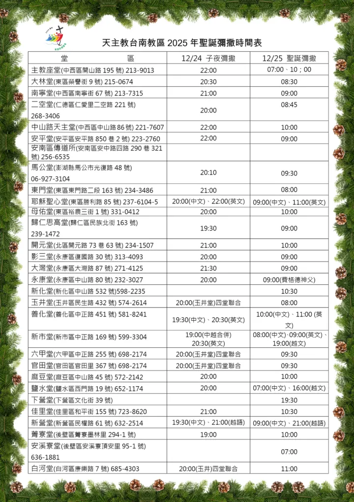 2025聖誕彌撒各堂區時間表